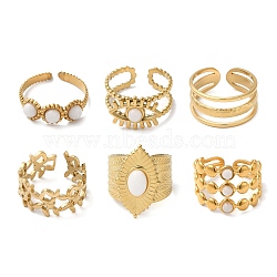 6Pcs 6 Style Butterfly & Horse Eye & Multi Lines 304 Stainless Steel Open Cuff Rings Set, Natural White Jade Stackable Rings, Real 18K Gold Plated, Inner Diameter: 17~18mm, 1Pc/style(RJEW-P092-02G-M)