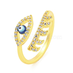 304 Stainless Steel Cubic Zirconia Open Cuff Ring, Enamel Evil Eye Ring for Women, Dodger Blue, Inner Diameter: 18mm(RJEW-S406-03G-02)