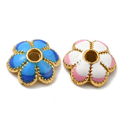 6-Petal Alloy Enamel Bead Caps, Cadmium Free & Lead Free, Golden, Flower, Mixed Color, 8x7x2.5mm, Hole: 1.4mm(FIND-G029-04G)