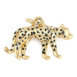 Rack Plating Brass Enamel Pendants, with Jump Ring, Long-Lasting Plated, Cadmium Free & Lead Free, Real 18K Gold Plated, Leopard Charm, Black, 14x20x5.5mm, Hole: 3mm(KK-P287-10G)