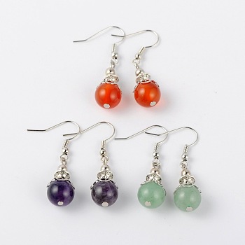 Gemstone Dangle Earrings, with Tibetan Style Alloy Beads, Iron Beads and Brass Earring Hooks, Platinum, Mixed Stone, 38mm, Pin: 0.7mm