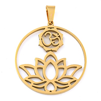 304 Stainless Steel Pendants, Laser Cut, Ring with Lotus & Ohm/Aum Sign Charm, Real 18K Gold Plated, 27x25x1.5mm, Hole: 6x3mm