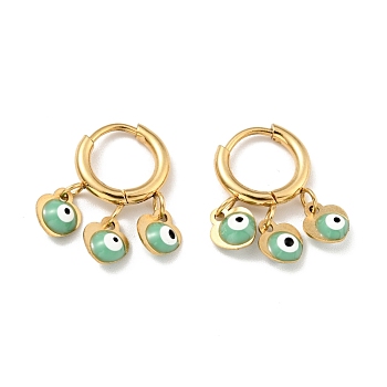 Enamel Heart with Evil Eye Dangle Hoop Earrings, Gold Plated 304 Stainless Steel Jewelry for Women, Medium Sea Green, 23mm, Pin: 1mm