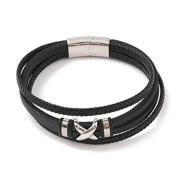 Braided Microfiber Leather Multi-strand Bracelets, Viking 304 Stainless Steel Cross Bracelets for Men, Stainless Steel Color, 8-5/8x7/8 inch(22x2.1cm)