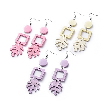 Painted Poplar Wood Dangle Earrings, with 316 Surgical Stainless Steel Earring Hooks, Flat Round & Monstera Leaf & Square, Mixed Color, 95mm, Pin: 0.6mm