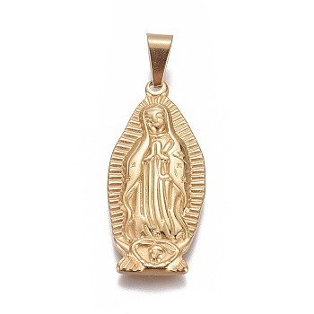 304 Stainless Steel Lady of Guadalupe Pendants, Virgin Mary, Golden, 40x18x3mm, Hole: 5x8mm