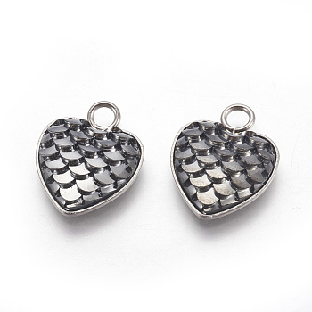 304 Stainless Steel Pendants, with Resin, Heart with Fish Scale Shape, Stainless Steel Color, Dark Gray, 16x13x3.5mm, Hole: 2mm