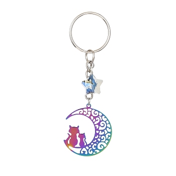 Stainless Steel Hollow Moon Cat Keychains, with Iron Keychain Ring and Star Glass Pendant, Rainbow Color, 8.7cm