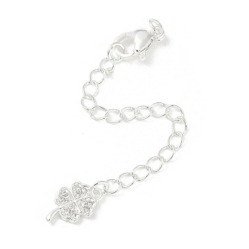 Brass Micro Pave Cubic Zirconia Ends with Chains, Clover, 925 Sterling Silver Plated, 77mm, Hole: 2.5mm