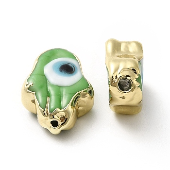 Handmade Evil Eye Lampwork Beads, with Golden Plated  Brass Edge, Long-Lasting Plated, Hamsa Hand, Lime Green, 15~17x11.5~12.5x5~5.5mm, Hole: 1.8mm