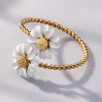 304 Stainless Steel Enamel Cuff Open Rings, Daisy/Flower, Golden, US Size 8 3/4(18.7mm)