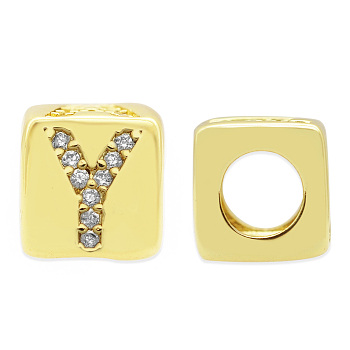 Brass Micro Pave Clear Cubic Zirconia European Beads, Cube with Letter, Letter.Y, 8.5x8.5x8.5mm, Hole: 5mm, 3pcs/bag