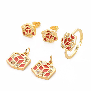 Brass Micro Pave Cubic Zirconia Pendants & Stud Earrings & Cuff Rings Jewelry Sets, Cadmium Free & Nickel Free & Lead Free, with Enamel, Magic Square, Real 16K Gold Plated, 15x13x2mm, Jump Ring: 5x1mm, 3mm inner diameter, 9.5x9.5mm, Pin: 0.6mm, US Size 6(16.5mm)