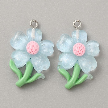 Translucent Resin Pendants, Glitter Flower Charms with Platinum Plated Iron Loops, Light Blue, 30x19x5.5mm, Hole: 1.5mm