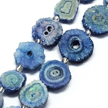 Natural Druzy Quartz Crystal Beads Strands, Solar Quartz, Dyed, Nuggets, Cornflower Blue, 14~22x13~20x4~6mm, Hole: 1.5~2mm, about 9~12pcs/strand, 7.7~7.9 inch(19.5~20cm)
