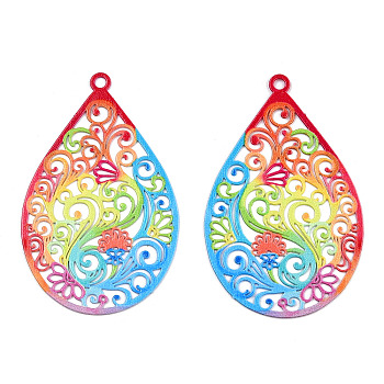 Spray Painted 430 Stainless Steel Filigree Pendants, Teardrop, Colorful, 45x28.5x0.5mm, Hole: 2mm