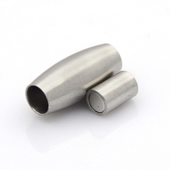 304 Stainless Steel Matte Surface Magnetic Clasps with Glue-in Ends, Barrel, Stainless Steel Color, 18x8mm, Hole: 4mm