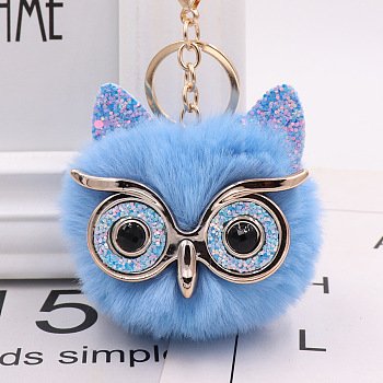 Pom Pom Ball Keychain, with KC Gold Tone Plated Alloy Lobster Claw Clasps, Iron Key Ring and Chain, Owl, Cornflower Blue, 12cm