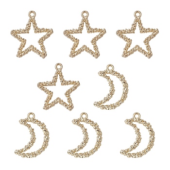 8Pcs 2 Styles Alloy Pendants, Moon & Star, Light Gold, 24~25x16~22x2mm, Hole: 1.8mm, 4pcs/style
