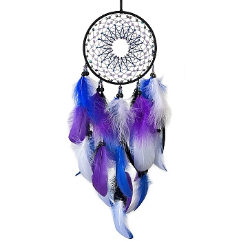 Woven Web/Net with Feather Decorations, with Iron Ring, for Home Bedroom Hanging Decorations, Blue Violet, 730mm
