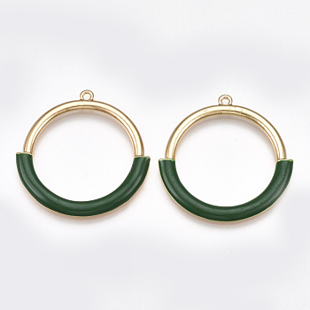 Alloy Enamel Pendants, Ring, Light Gold, Green, 34x33x2.5mm, Hole: 1.5mm