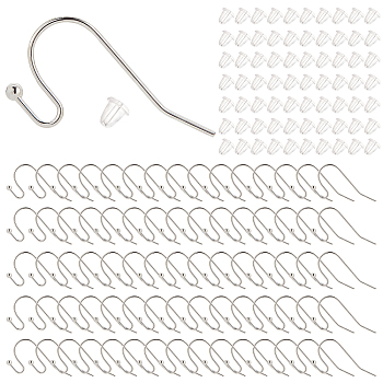 200Pcs Brass Earring Hooks, Ear Wire, Cadmium Free & Nickel Free & Lead Free, with 300Pcs Plastic Ear Nuts, Silver, Earring Hooks: 22x11x0.75mm, 20 Gauge