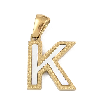 Natural White Shell Alphabet Pendants, Ion Plating(IP) Real 18K Gold Plated 304 Stainless Steel Charms, Letter K, 17x13.5x1.5mm, Hole: 5x3mm