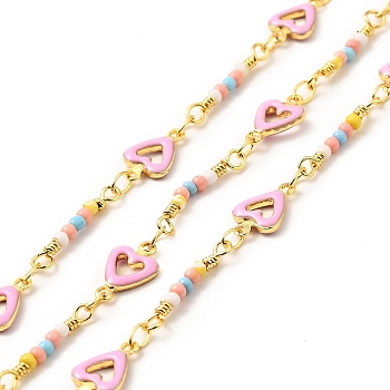 Brass Enamel Heart Link Chains, with Glass Seed Beaded, Real 18K Gold Plated, Soldered, with Spools , Pink, 11x7x1.7mm