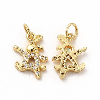 Rack Plating Brass Micro Pave Cubic Zirconia Charms, Rabbit Charm, with Jump Ring, Real 18K Gold Plated, 15x10.5x2.5mm, Hole: 3.6mm