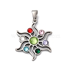 304 Stainless Steel Pendants, with Colorful Rhinestone, Flower Charms, Stainless Steel Color, 26x21x3.5mm, Hole: 4.5x3.5mm(STAS-L280-01P-03)