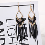 Bohemian Style Alloy Glass Seed Beaded Feather with Rhombus Chandelier Earrings, Golden, Black, 120mm(FS-WG1E384-01)