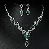 Horse Eye Alloy Rhinestone Necklaces & Stud Earring Sets for Women, Emerald, 12.13 inch(308mm)(SJEW-U001-01P-06)