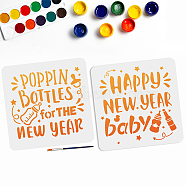 US 1 Set Happy New Year PET Hollow Out Drawing Painting Stencils, with 1Pc Art Paint Brushes, for DIY Scrapbook, Photo Album, Word, 300x300mm, 2pcs/set(DIY-MA0002-68A)