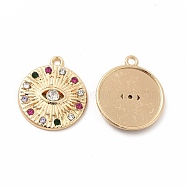 Rack Plating Eco-friendly Alloy Rhinestone Pendants, Flat Round with Eye Charm, Colorful, 18x15x2.5mm, Hole: 1.5mm(FIND-A025-02G)