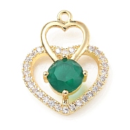 Brass with K9 Glass & Rhinestone Pendants, Light Gold, Heart Charms, Emerald, 25x19.5x7mm, Hole: 1.5mm(KK-C024-11KCG-01)