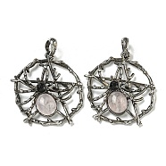 Natural Rose Quartz Pendants, Alloy Pentagram with Spider Charms, Antique Silver, 44.5x39x7mm, Hole: 7.5x6.5mm(G-P547-05AS-05)