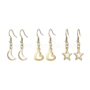 3 Pair 3 Style 304 Stainless Steel Dangle Earrings, Hollow Moon & Heart & Star, Golden, 35~36x9~12.5mm, 1 Pair/style(EJEW-JE05494-02)