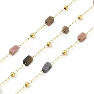 Ion Plating(IP) 304 Stainless Steel Link Chains, Natural Rhodochrosite Beads & Spool, Soldered, Real 18K Gold Plated, 6.5x2.5x2.5mm, about 32.81 Feet(10m)/Roll(CHS-A010-01G-10)