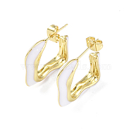 Enamel Twist Square Stud Earrings, Real 18K Gold Plated Brass Half Hoop Earrings for Women, White, 23x21.5x5.5mm, Pin: 0.8mm(EJEW-P214-23G-01)