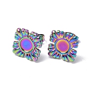 Ion Plating(IP) 304 Stainless Steel Stud Earring Findings, Flower with Round Tray Earring Settings, with Ear Nuts, Rainbow Color, Tray: 5mm, 11x11mm, Pin: 0.7mm(STAS-F286-14MC)