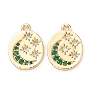 Eco-friendly Brass Micro Pave Cubic Zirconia Charms, Cadmium Free & Lead Free, Long-Lasting Plated, Oval with Star & Moon, Golden, 14x10.5x1.5mm, Hole: 1.2mm(KK-D079-21G)