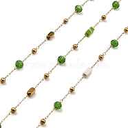 Cuboid Natural Mixed Gemstone & Glass Rondelle Beaded Link Chains, with Golden 304 Stainless Steel Paperclip Chains, Soldered, with Spool, Green, 5x2x2mm, 4x2x2mm, 3x2.5mm, about 32.81 Feet(10m)/Roll(CHS-G028-18G-02)