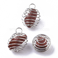 Iron Wrap-around Spiral Bead Cage Pendants, with Natural Red Jasper Beads inside, Round, Platinum, 21x24~26mm, Hole: 5mm(IFIN-R239-11P)