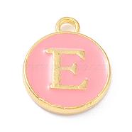 Golden Plated Alloy Enamel Charms, Enamelled Sequins, Flat Round with Alphabet, Letter.E, Pink, 14x12x2mm, Hole: 1.5mm(X-ENAM-Q437-14E)