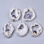 Natural Druzy Agate Big Pendants, Edge Platinum Plated, with Natural Amethyst and Iron Snap on Bails, Nuggets, 37~71x29~55x9~15mm, Hole: 4x6mm(G-R458-05A)