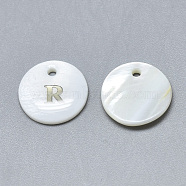 Natural White Shell Mother of Pearl Shell Charms, with Iron Sticker, Flat Round with Letter, Letter.R, 13x2mm, Hole: 1.5mm(SSHEL-N036-053R)