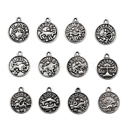 Tibetan Style Alloy Charms, Flat Round with Twelve Constellation, Lead Free, Antique Silver, 14.5x12x2mm, Hole: 1.4mm, 12 constellations, 5pcs/constellation, 60pcs/set(TIBE-YW0001-17AS-LF)