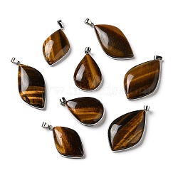 Natural Tiger Eye Pendants, Leaf Charms, with Rack Plating Platinum Plated Brass Findings, Cadmium Free & Lead Free, 35.5~46.5x22~27x6.5~8.5mm, Hole: 5.4x4mm(G-R486-03P-C)