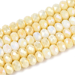 Anti-Tarnish Electroplate Rondelle Glass Beads Strands, Imitation Gemstone, AB Color Plated, Faceted, Champagne Yellow, 5.5~6x3.2~4mm, Hole: 1mm, about 90~91pcs/strand, 15~15.16''(38.1~38.5cm)(EGLA-T021-6mm-17-04)