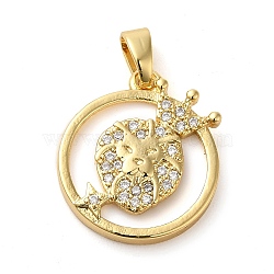 Brass Micro Pave Clear Cubic Zirconia with Acrylic Pendants, Ring with Lion Head Charms, Real 18K Gold Plated, 16.5x15x3mm, Hole: 3x4.5mm(KK-G483-12G)